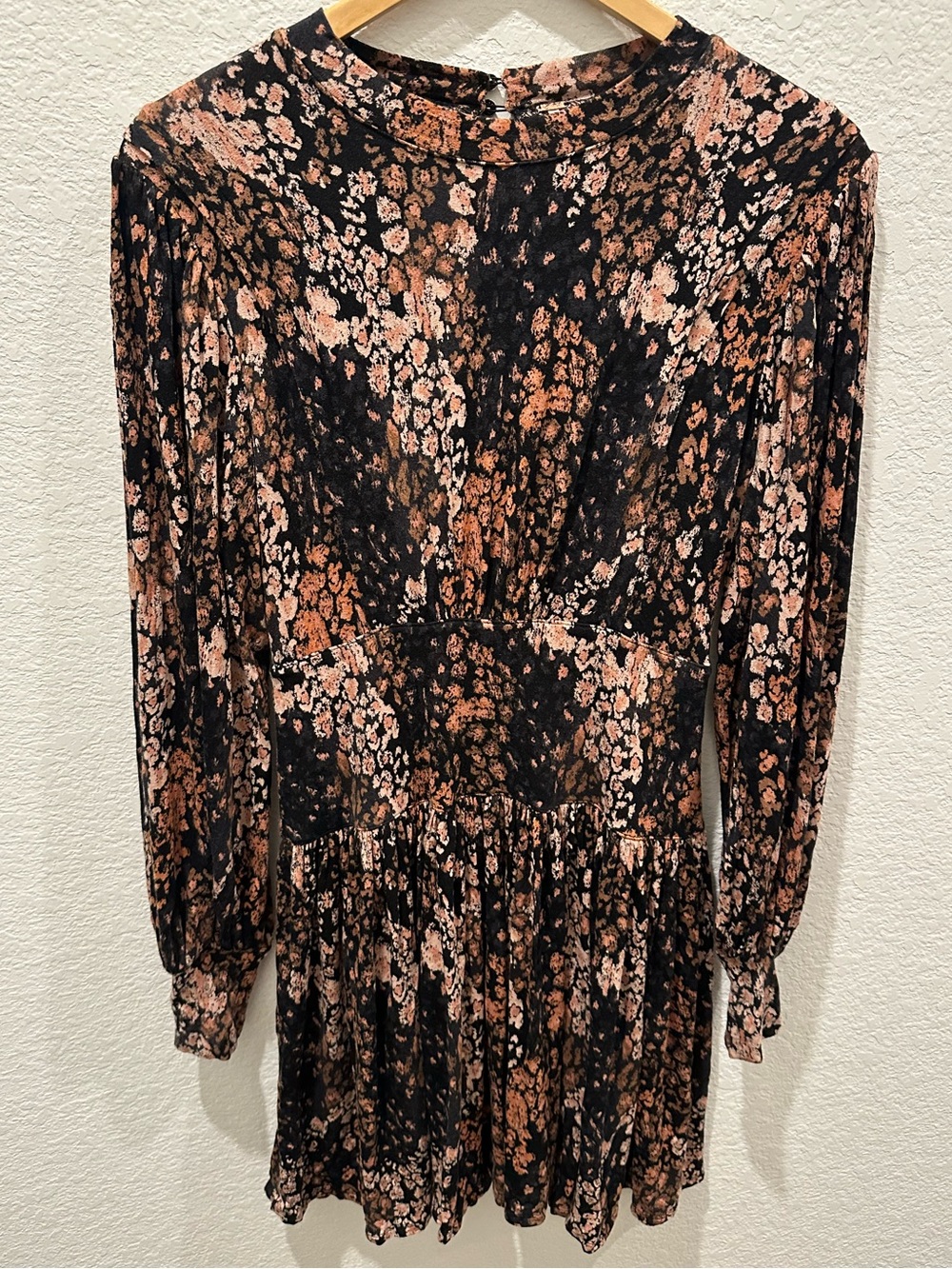 Free People Floral Long Sleeve Mini Dress Mock Neck Open Back Boho Size Small